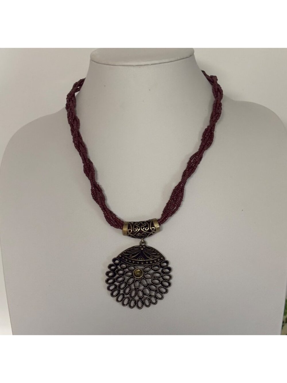 Braided Brown Seed Bead Necklace Ornate Antique Gold Tone Pendant Boho Artisan